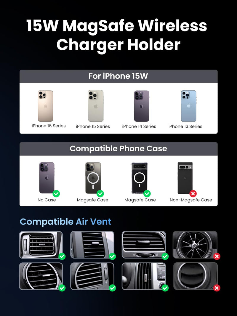 UGREEN Qi2 Wireless Car Charger, 15W Fast Charging Strong Magnetic Car Phone Holder with LED Light for iPhone 17/16/15/14/13/12 Series Car Accessories