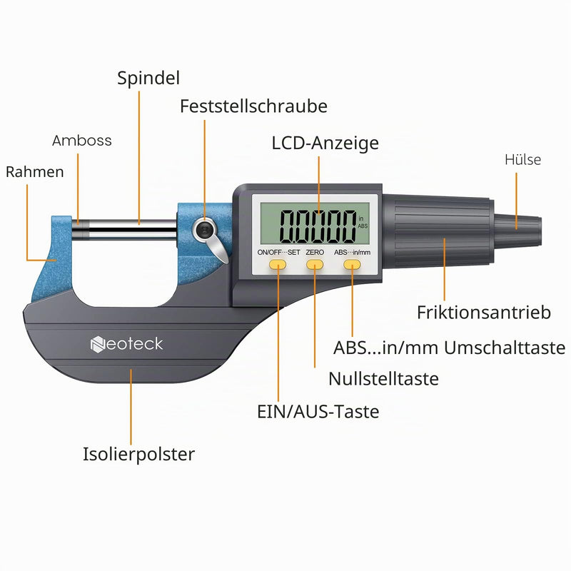 Neoteck Digital Micrometer Micrometer Micrometer Outside Micrometer Electronic 0-25 mm with LCD Display Micrometer 0.001 mm / 0.00005 Inches