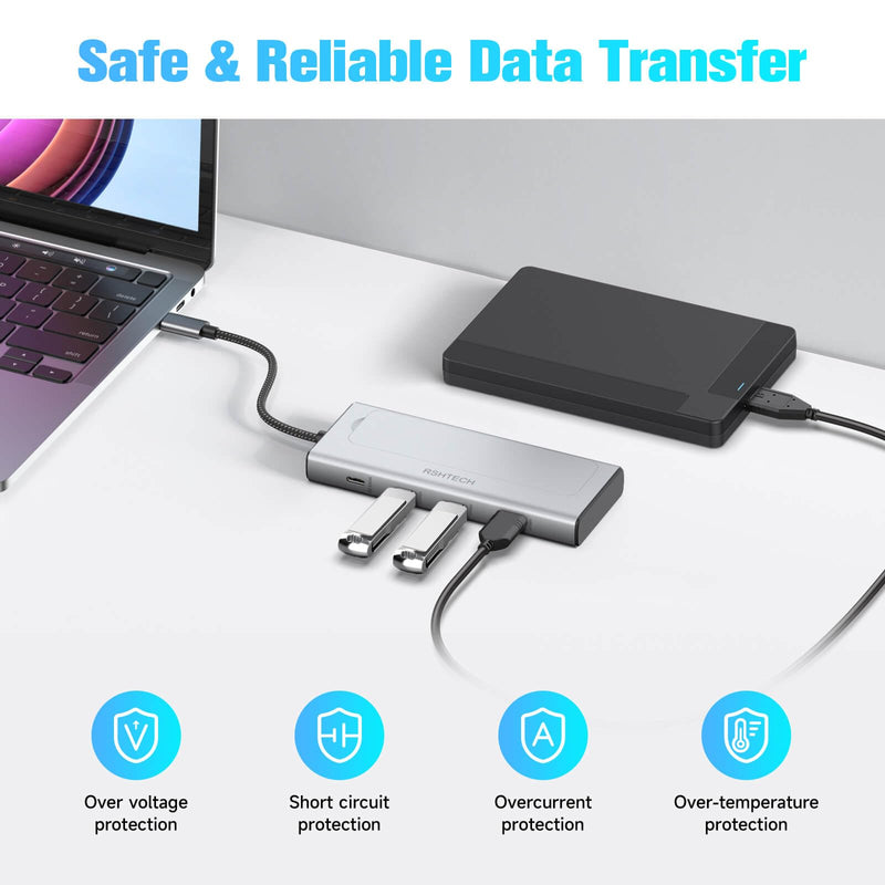 RSHTECH 5-in-1 USB C Hub with M.2 NVMe/SATA SSD Enclosure, 10Gbps USB Data Ports (1A + 2C) and 100W Power Delivery, Aluminum USB-C Dock Dongle for MacBook, Laptops and More RSH-D05P