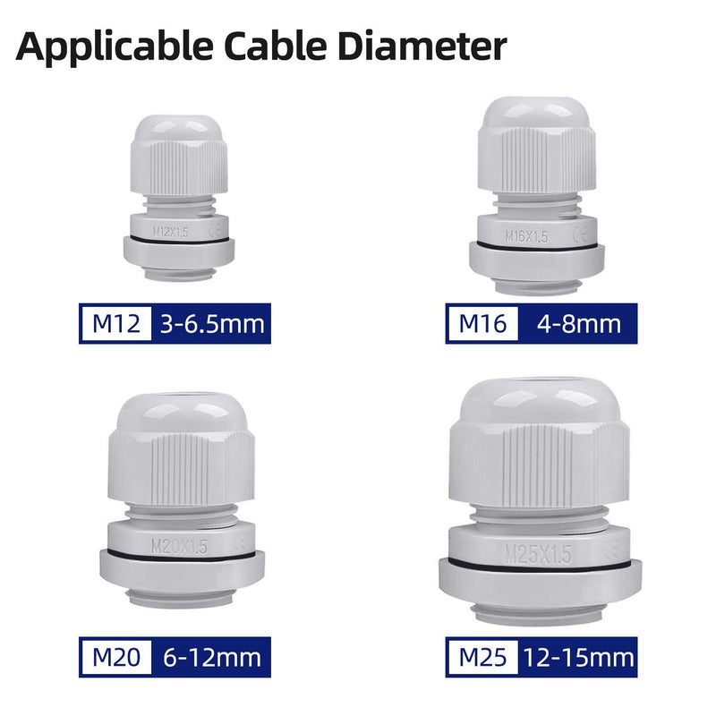 32 pieces cable gland set, ARPDJK adjustable 3-15 mm IP68 cable glands, gray cable gland, waterproof, M12, M16, M20, M25