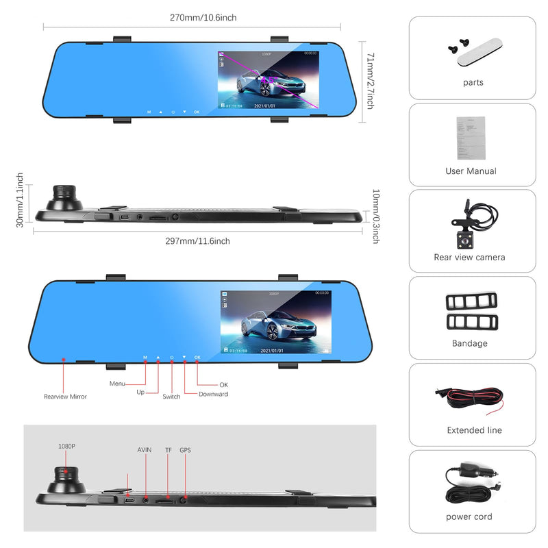 4.5" Mirror Dash Cam Backup Camera 1080P FHD Front and Rear View Mirror Camera for Cars Dual Lens Cam Loop Recording 170°Wide Angle G-Sensor Parking Assistance 4.5"