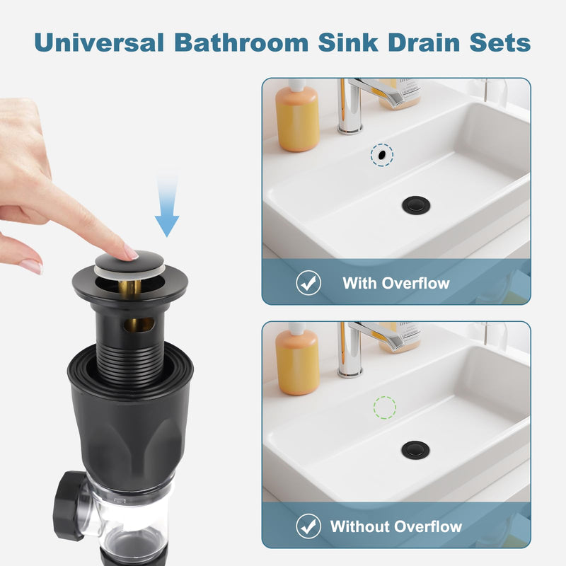 iFealClear Bathroom Sink Drain Kit, Flexible P-Trap Drain Pipe with Pop Up Stopper, Expandable Bathroom Sink Pipe Replacement with 2 Adapters, Fits 1-1/4'', 1-1/2'', 2" Holes, Hair Catcher, Black Matte Black Modern