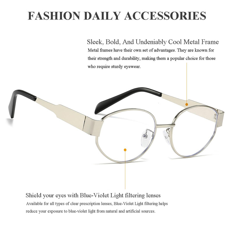 Gleyemor Stylish Oval Metal Frame Blue Light Glasses for Women Men Fashion Daily Accessories UV400 Protection Silver 54 Millimeters