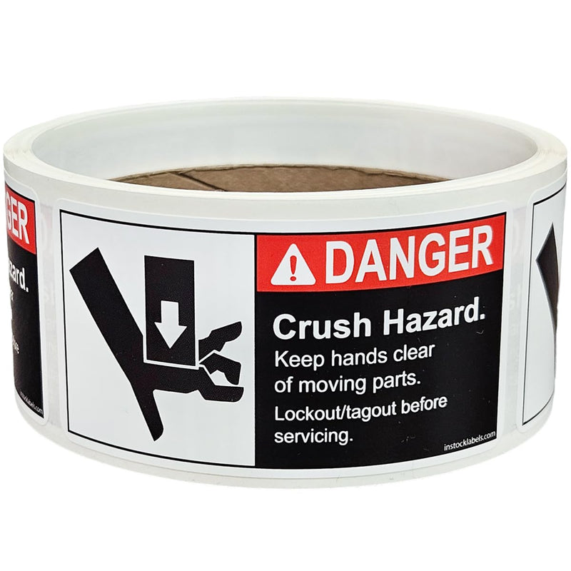 Crush Hazard ANSI Danger Labels, ANSI Warning Stickers - 1.5 x 3 Inch Safety Labels for Factories & Warehouses, Semi-Gloss Paper with Permanent Adhesive, 100 per Roll