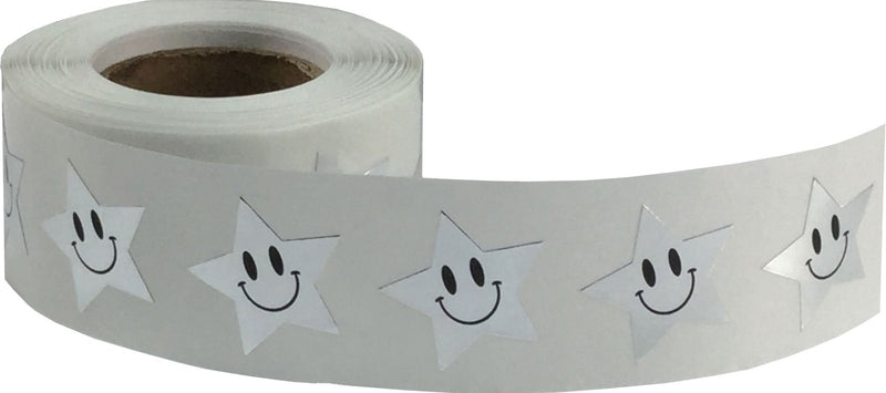 Metallic Silver Happy Face Star Stickers, 0.75 Inch Star Shaped Adhesive Labels, 500 Total Reward Stickers on a Roll for Teachers, Classrooms, Motivation, Charts, and Incentives – Made in the USA Metallic Silver