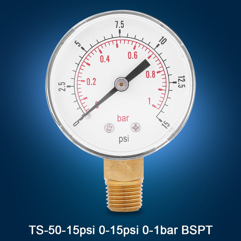 Mini Low Pressure Pressure Gauge BSPT Pressure Gauge for Fuel, Air, Oil or Water 0-15 psi / 0-1bar
