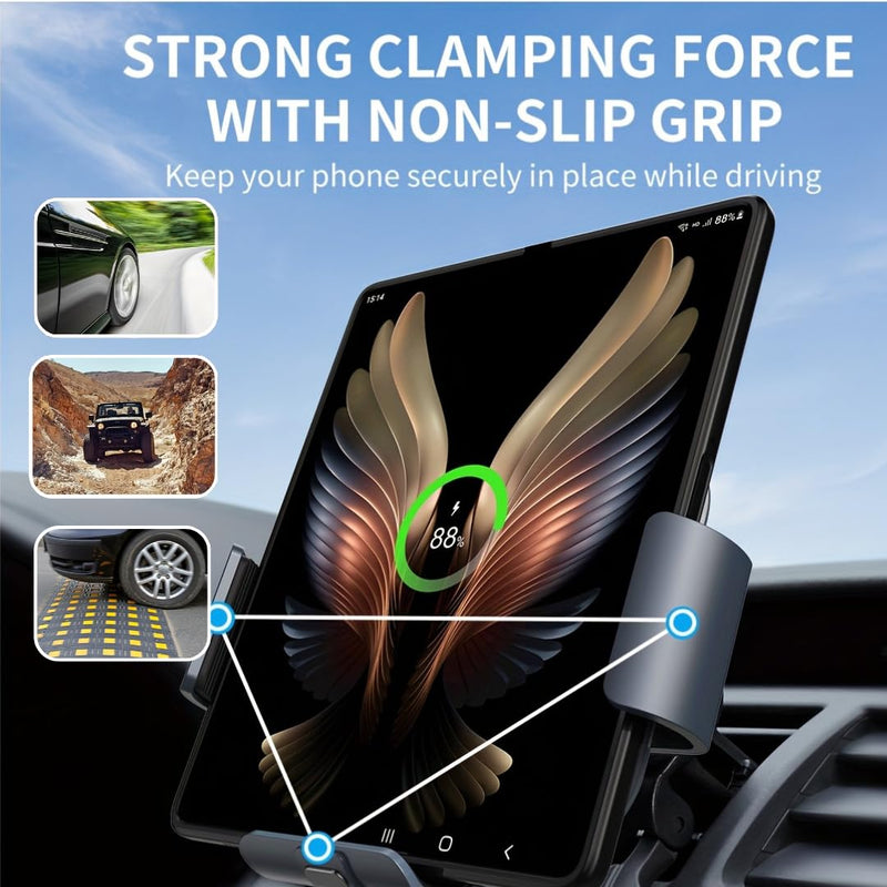 Wireless Car Charger Mount – Fast Qi 15W Charging – Dashboard & Air Vent Phone Holder – Adjustable Angle – Compatible with iPhone & Android Devices