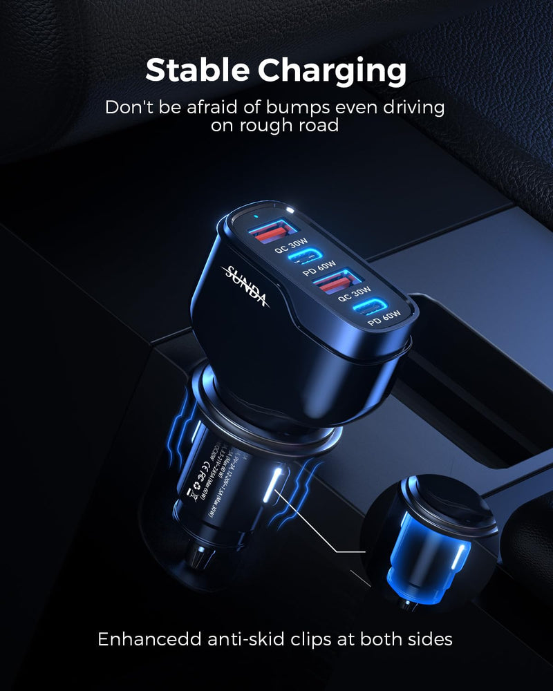 SUNDA 120W USB C Fast Car Charger, 4-Ports Car Charger Adapter, Dual Type C PD60W/PPS60W Compatible with iPhone15/14 Pro/Max/iPhone13/Galaxy/SamsungS23, Dual USB-A 18W QC3.0 for Android(Black) 2A2C-Black 120W 03