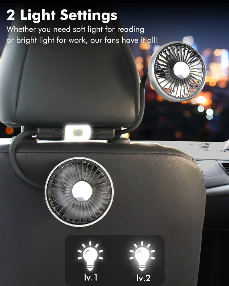 Hose Car Fan for Backseat Kids with Led Lights, USB Fan for Backseat of Car, Independent Control 3 Speeds 360°Rotatable Car Seat Fan for Baby Rear Facing, Back Seat Fan for Vehicles RV SUV Black and White