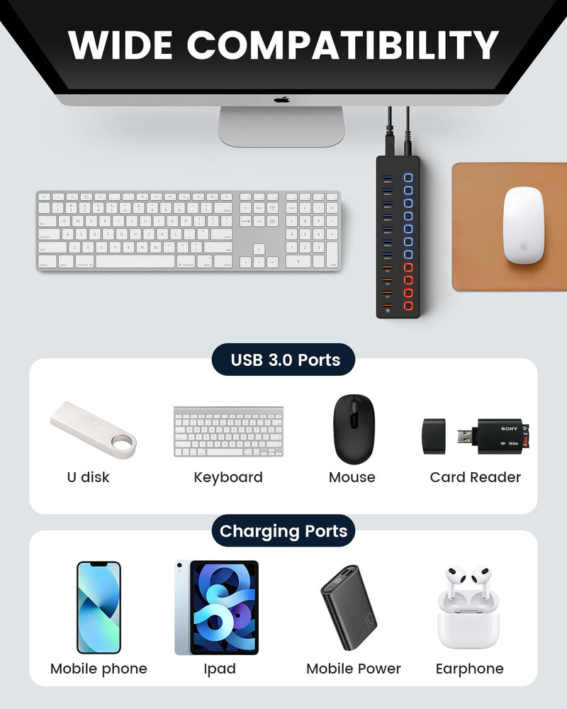 Powered USB hub,USB hub，11-Port hub Splitter (7 USB 3.0 Data Transfer Ports + 4 Smart Charging Port), Independent Switch (with LED Working Indicator) USB 3.0 Hub Powered with Power Adapter for Mac/PC