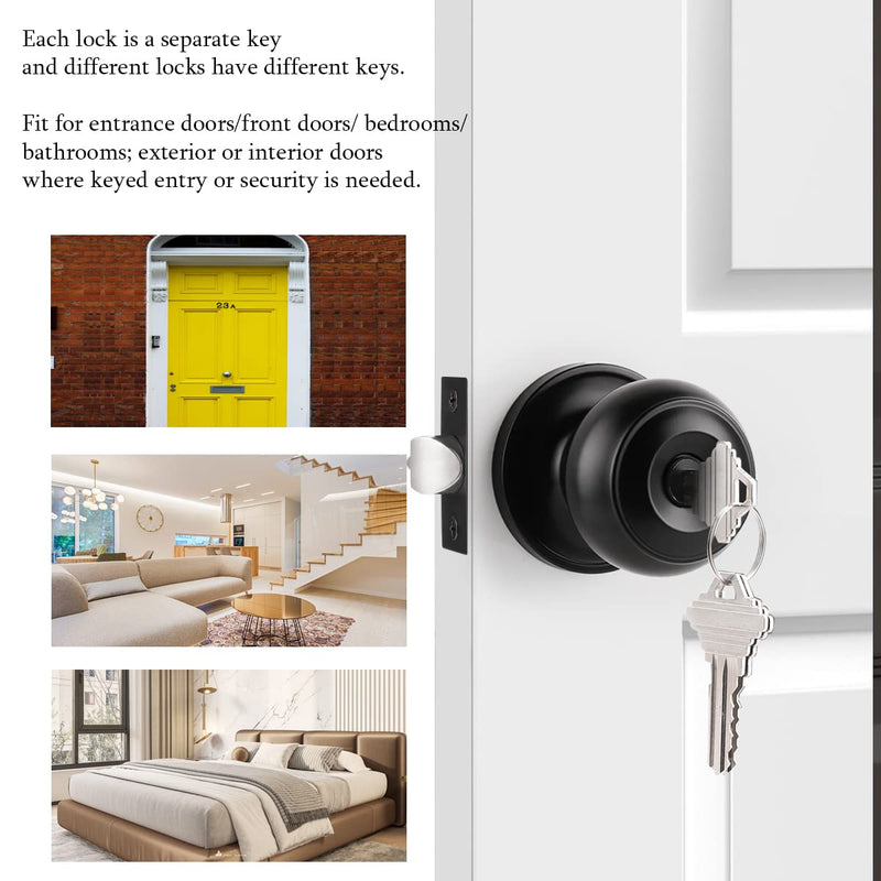 Probrico Black Entry with Key Door Lockset Knobs Flat Ball Keyed Entrance Lock Knobs 1 Pack