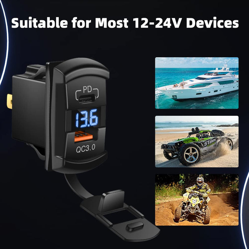 CNAODUN USB Rocker Switch USB C Charger Socket with Waterproof Cover Dual PD and QC3.0 12V/24V Blue Led Voltmeter for Rocker Type Marine Switch Panel On Marine Rv Vehicles… Type C+QC3.0