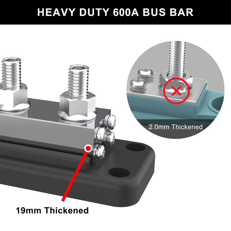 600A Bus Bar 12V Power Distribution Block with 3/8" (M10) 4-Posts Heavy Duty Terminals Block with Cover for Automotive, Marine, Battery System (Black) 3/8" - Black