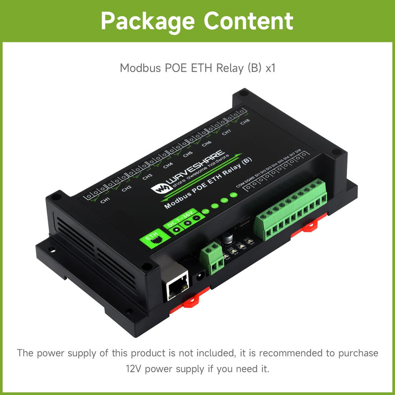 Waveshare 8-Ch Ethernet Relay Module (B) with Digital Input, Modbus RTU/Modbus Protocol, PoE Port Communication, with Various Isolation and Protection Circuits, Industrial Grade Rail-Mount Case