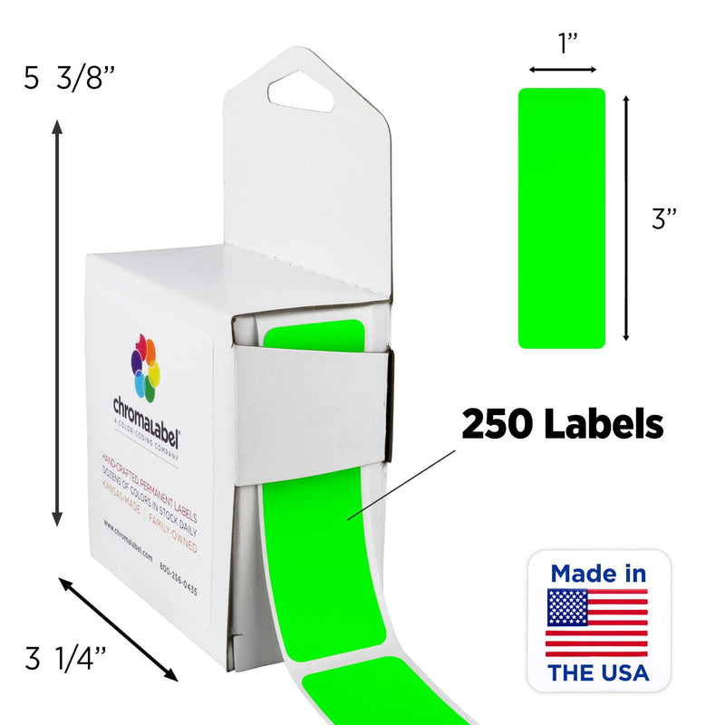 ChromaLabel 1 x 3 Inch All Purpose Permanent Color Code Rectangle Labels, 250 Labels per Dispenser Box, Fluorescent Green