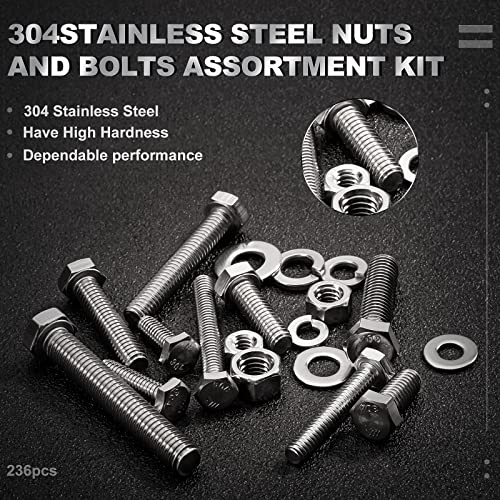 CO-RODE 236PCS 1/4-20, 5/16-18, 3/8-16 Heavy Duty Bolts and Nuts Assortment Kit,SAE Flat Washers, Lock Washers,304 Stainless Steel,10 Most Common Sizes
