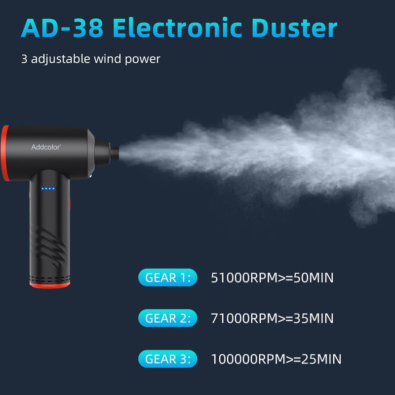 Compressed Air Duster 6000mAh Battery - Electric Air Duster Addcolor AD-38 Keyboard Cleaner for Office-3 Adjustable Wind Speeds with LED Light, Cordless & Reusable Canned Air Duster for Computers