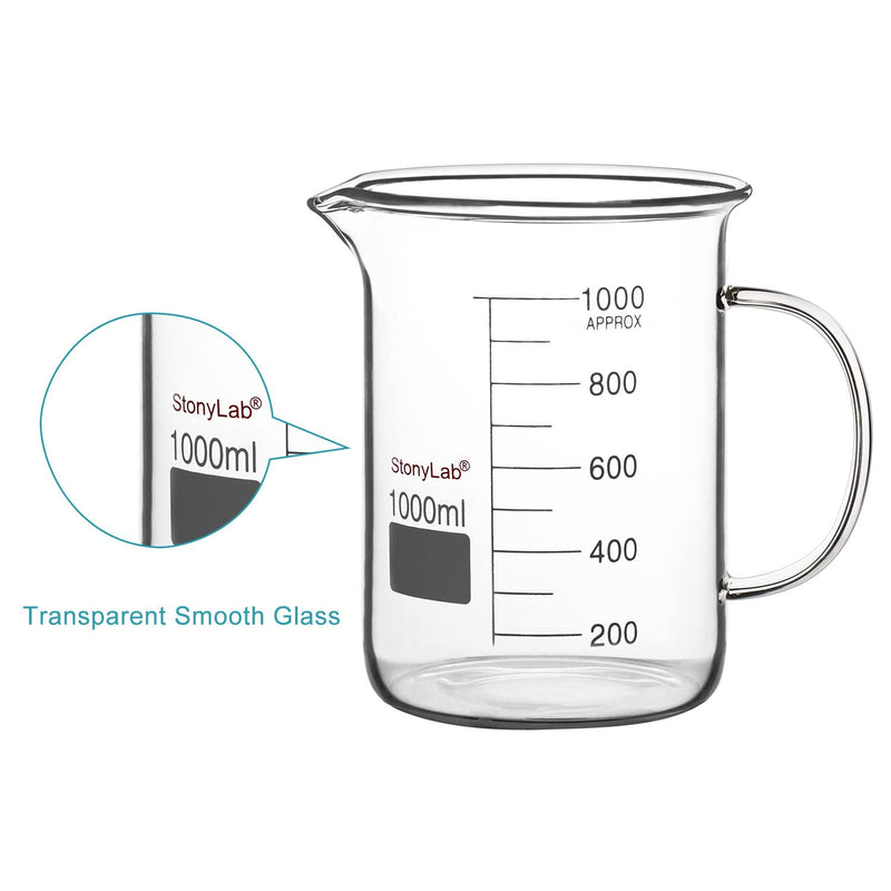 stonylab Glass Beaker with Handle, Borosilicate Glass Graduated Low Form Griffin Beaker with Handle and Pouring Spout, 1000 ml (Pack of 2) 1000 ml (Pack of 2)