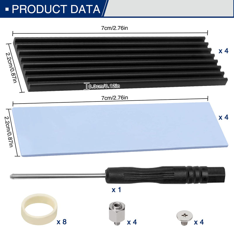 4pcs M.2 SSD Heatsink VooGenzek Aluminum Heatsink with M.2 SSD Screws and Thermal Conductive Silicone Pads for M.2 Heatsink Laptops and Desktops 70x22x3mm Black Black - 70X22X3mm
