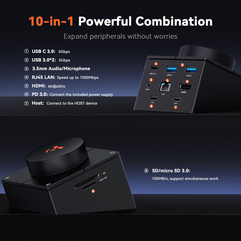 TobenONE 10-in-1 Shortcut-Key Docking Station with 4 Shortcut Button and Volume Knob, USB C Dock with 4K@60Hz HDMI, 100W PD, 3 USB, Ethernet, Audio, SD/microSD for MacBook, Windows, Chrome, Mac mini 10 in 1 Ultra