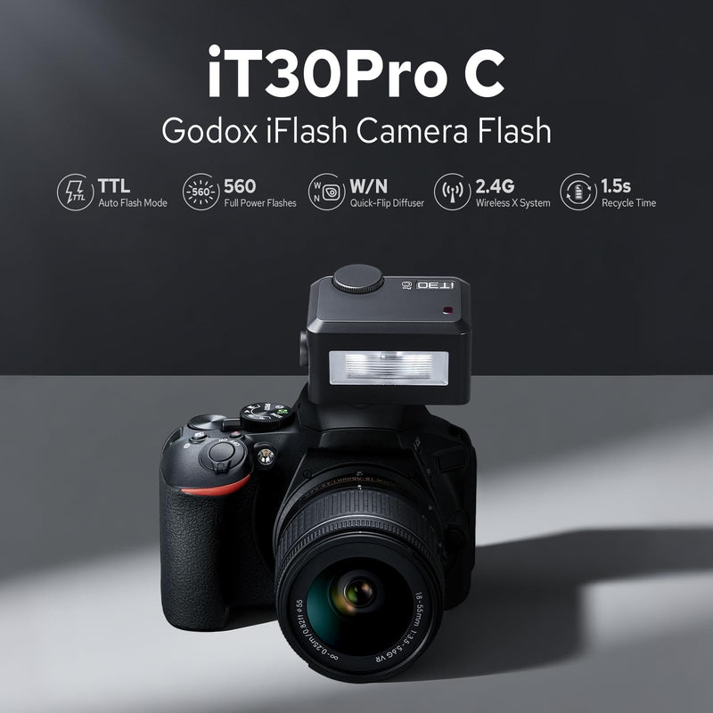 Godox iT30Pro-C TTL Mini Flash for Canon Cameras, Touchscreen 1/8000s HSS 2.4G Wireless Flash Speedlite, Built-in Battery