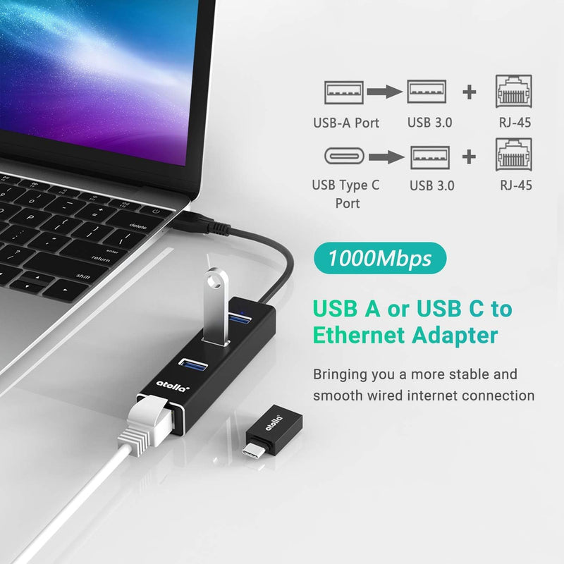 USB 3.0 Hub with Gigabit Ethernet — 3-Port SuperSpeed USB-A Hub + USB-C Adapter, 5Gbps Data Transfer, Plug-&-Play, Aluminum Design — Compatible with MacBook Pro/Air, Dell XPS, Surface, Chromebook