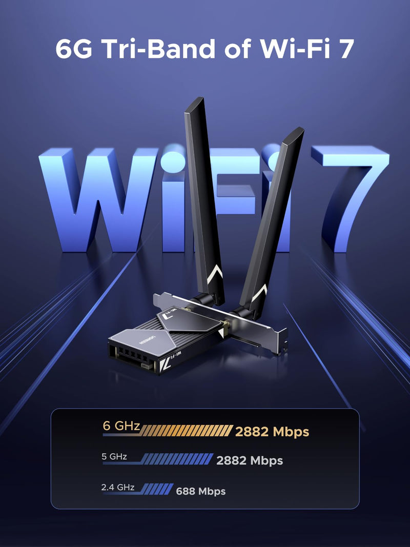 UGREEN WiFi 7 BE6500 PCIe WiFi Card, Bluetooth 5.4, IEEE 802.11ax/be, 6G/5G/2.4G Tri Band, MLO Technology, Flexible Dual 6dBi High Gain Antenna, WPA3 Personal/Enterprise, Supports Windows 11 only