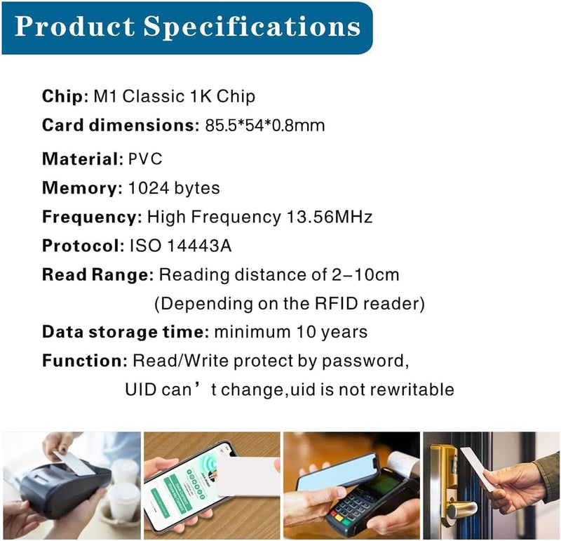 10 Stück RFID Karte M1 Classic 1K NFC Tags Karten 13,56MHz ISO 14443A, Leere IC M1 Karte FM1108 1k Weiße Karte Bedruckbar für Ein- und Ausstieg, Entriegelung elektronischer Schlüssel