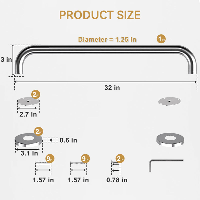 AmazerBath Long Grab Bars for Bathtubs and Showers Anti Slip, 32" L x 1.25" D, Handicap Grab Bars Stainless Steel, Shower Grab Bars for Seniors, Bathtub Handle Bars for Bathroom Holds 500LBS 32"L x 1.25"D Brushed Nickel