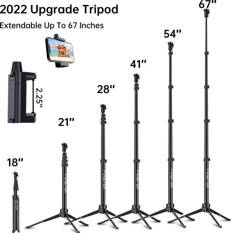 Fugetek Professional Cell Phone Tripod, Portable All in One, Bluetooth Remote, Phone Holder, Compatible with iPhone & Android Devices, Non Skid Feet, Black