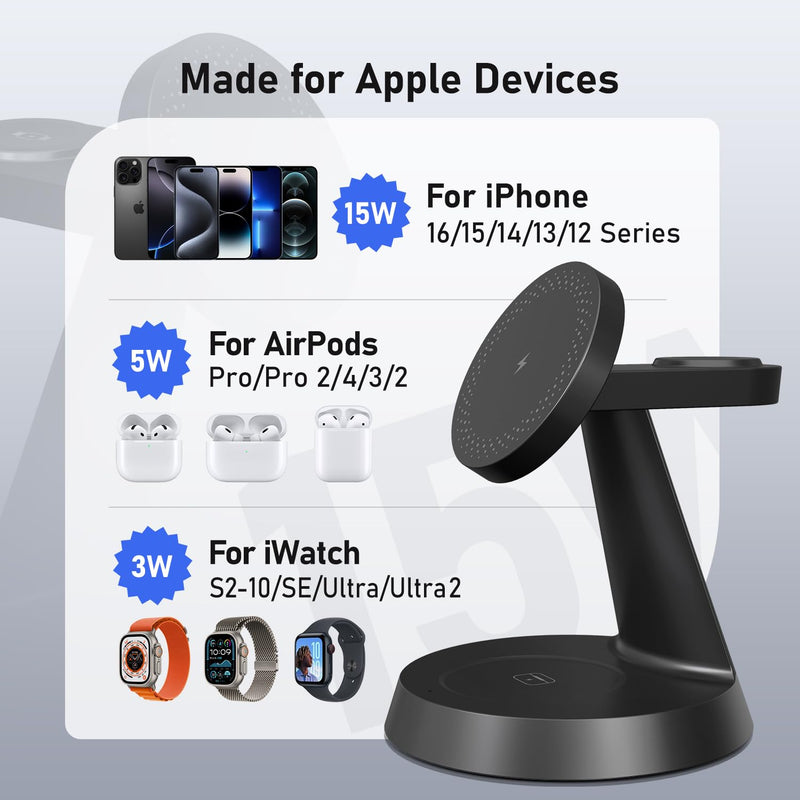 3 in 1 Wireless Charging Station for Apple, Charger Stand for Multiple Apple Devices, Wireless Charging Station for iPhone 16/15/14/13/12 Series, Wireless Charger for AirPods, iWatch Series (Black) Black