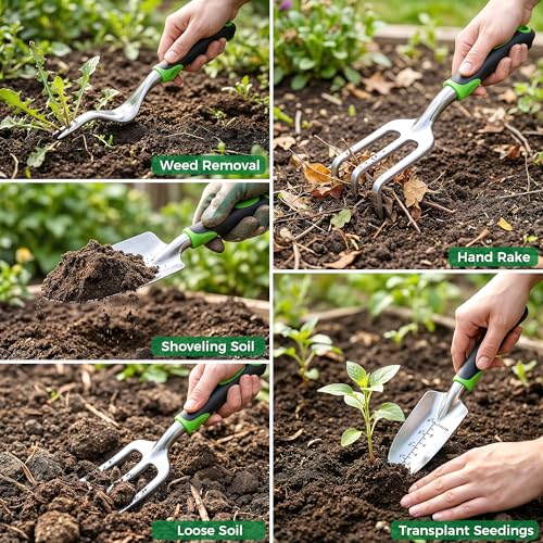Gardening Tools 10-Piece, Heavy Duty Garden Tool Set with Fashion and Durable Garden Tools Organizer Handbag, Rust-Proof Gardening Hand Tools Weeding Kit, Ideal Gardening Gifts for Women Green