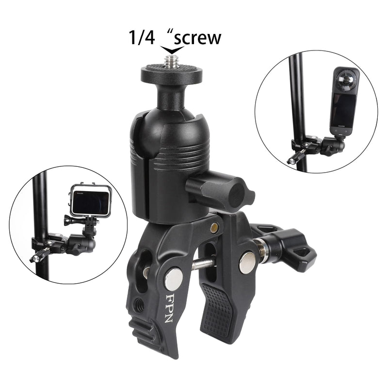 Aluminum Alloy Super Clamp Camera Mount with 360° Ball Head for Bike/Motorcycle Handlebar Pole Tripod Rod 0.5-2.0" Diameter, Compatible with GoPro, Insta360 X5 X4, DJI Osmo Action 5 Pro, Pocket 3