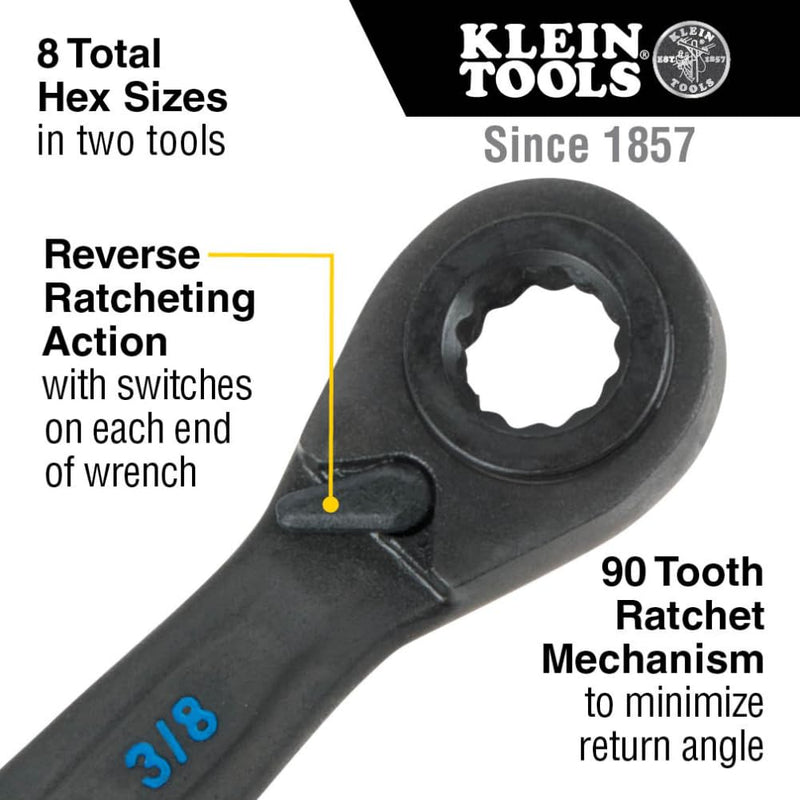 Klein Tools 68216 4-in-1 Reversible Ratcheting Box Wrench Set, Quad Wrench, SAE, 2-Piece, 1/4 to 3/4-Inch, Forged Steel, 90-Tooth
