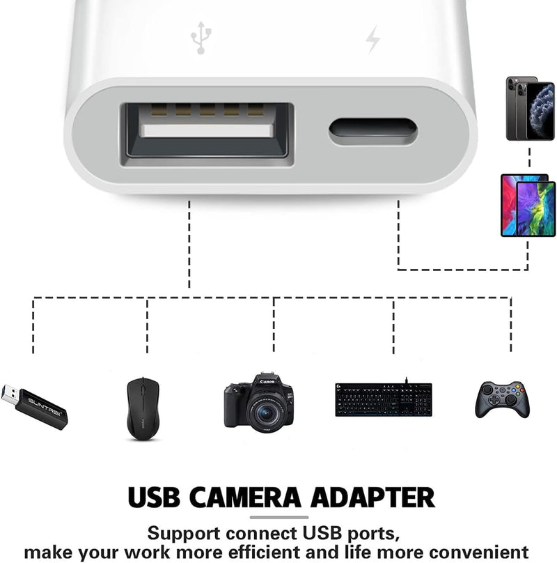 [Apple MFi Certified] Lightning to USB Camera Adapter with Charging Port for iPhone, USB3 Female OTG Adapter Compatible with iPhone/iPad Card, Readers, USB Flash Drives, Keyboards, Mice 1 White