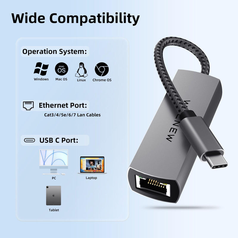 WALNEW USB-C 2.5gb Ethernet Adapter, USBC to RJ45 LAN Connector,2.5 Gigabit Network Cable Converter Thunderbolt 3 for NAS Server,Mac,iMac,MacBook Pro,iPad Air,Dell XPS 17 15,Surface Laptop,Chromebook