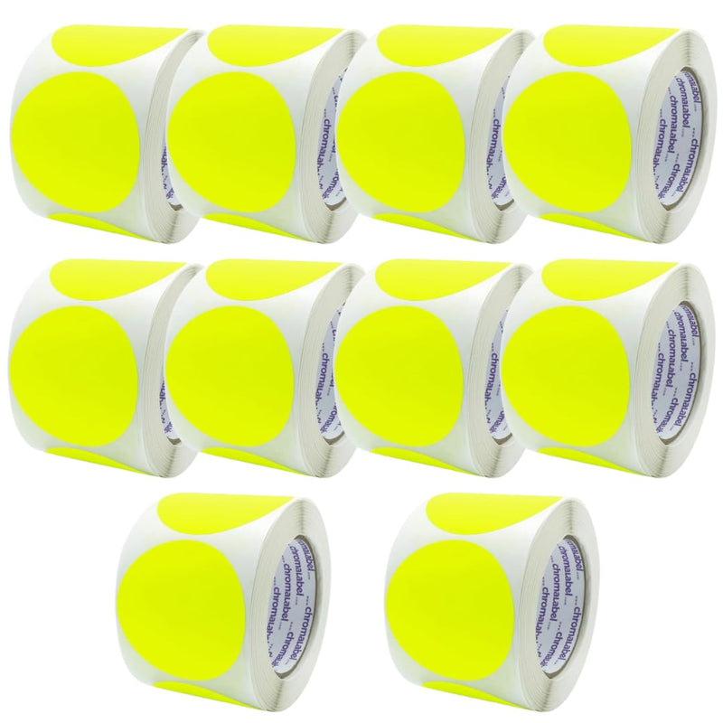 ChromaLabel 3 Inch Circle Sticker Labels, High Visibility Round Sticker Labels, Removable Sticky Dots - 500 Colored Dot Stickers per Roll, Fluorescent Yellow - Case of 10