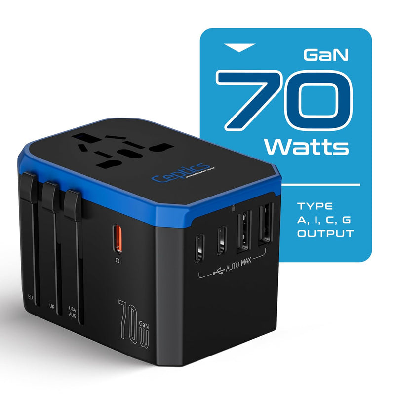 Ceptics 70W World International Travel Plug Adapter - Powerful GaN Tech with Pd & QC 3.0 Dual 3X USB-C Power - 2 USB Ports Wall Charger Type I C G A Outlets 110V 220V A/C - EU Euro US UK (70-KU) 1 Pack Universal Travel Adapter 70W