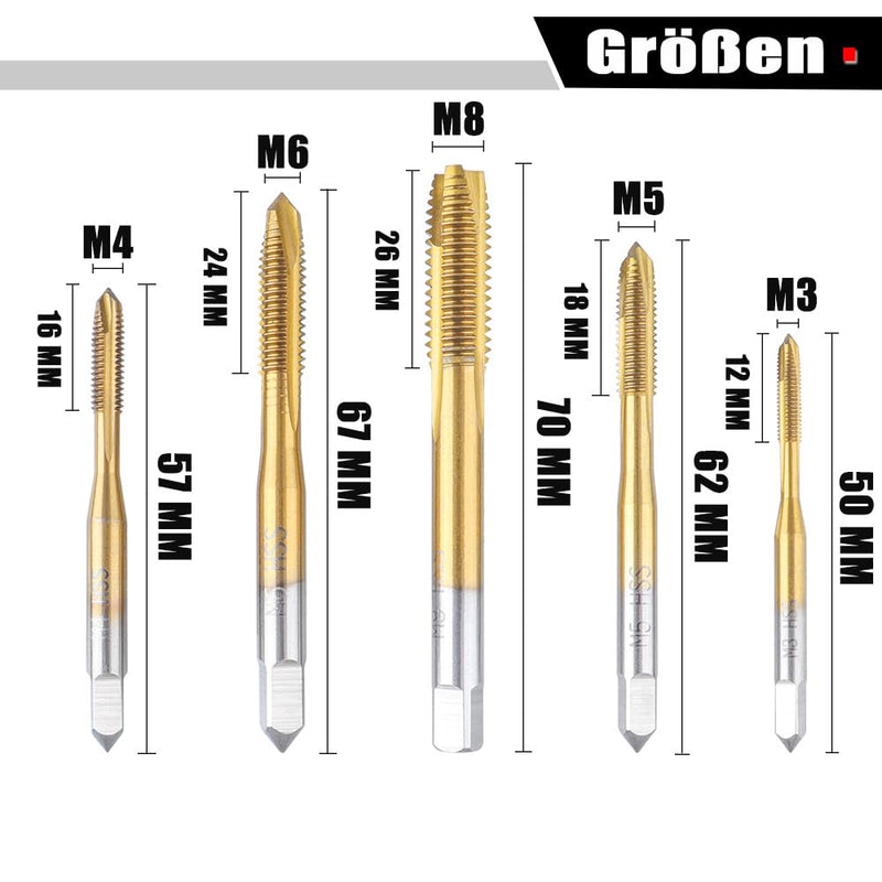 Treki 5 Piece Professional Tap Bit Set M3 M4 M5 M6 M8 HSS Titanium Tap Bit Set, Metric Thread Cutting Tap Finishing Tap Machine Tap Bit for Cutting Thread