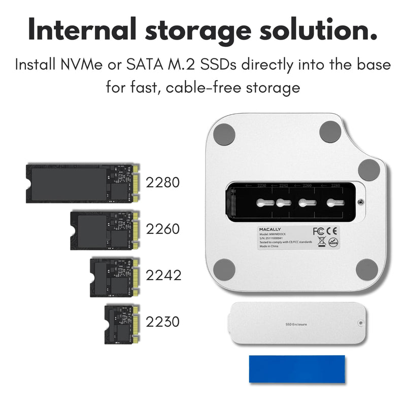 Macally Mac mini M4 Dock and Stand, Mac mini M4 Hub with NVMe/SATA SSD Enclosure, 4K HDMI 60hz, 3 USB A 10Gbps, USB C Data Port, SD Card Reader, 3.5mm Audio Jack