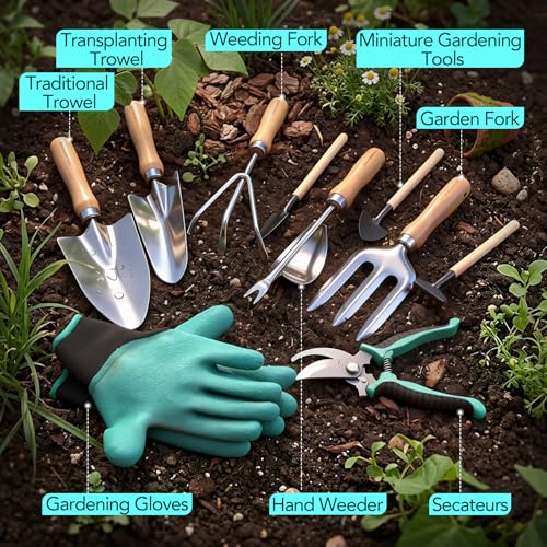 Bluemars Gardening Hand Tool Kit 14PCS Heavy Duty Stainless Steel Garden Tool Set with Floral Garden Tote -Outdoor Gardening Transplanting Gifts for Woman