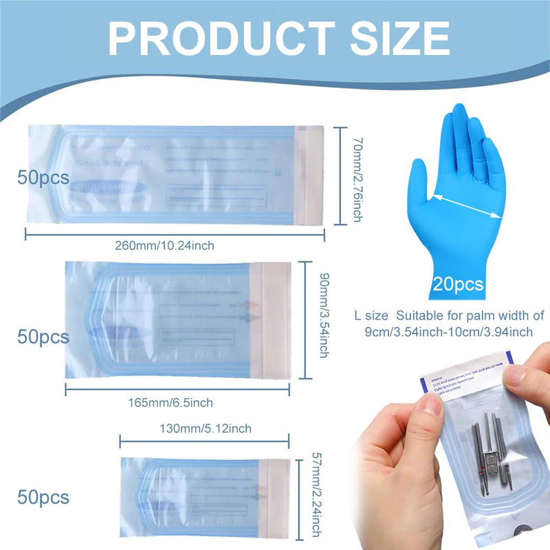 Pack of 150 Self-Sealing Sterilisation Bags, Disposable, Sterilisation Bag, PVC Dental Sterilisation Bag, Self-Sealing for Dental Tools, Cosmetic Packaging, 90 x 165, 57 x 130, 70 x 260 mm