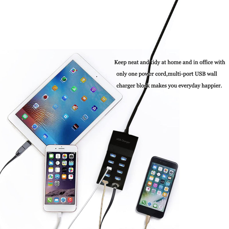 USB Charging Station 50w10A 10-Port USB Charger, Multiport USB Charger Station Hub, Compatible with iPhone, Galaxy, iPad Tablet, and Other USB Charging Devices Black