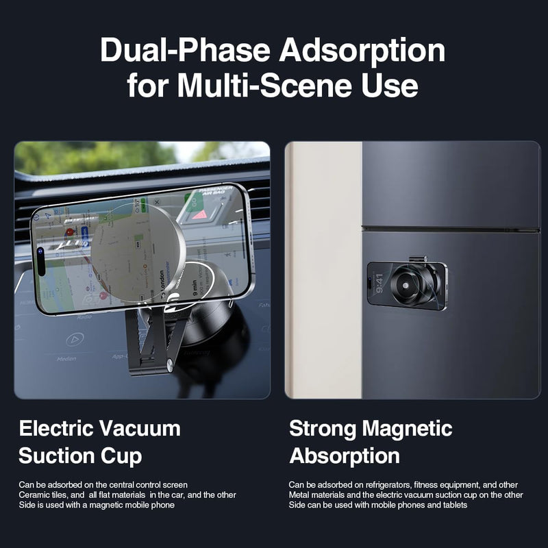 Vacuum Suction Magnetic Car Phone Holder, Adjustable Electric Magnetic Phone Holder Mount for Car, Foldable Strong Suction Car Holder Mount for iPhone16/15/14/13/12,Shower/Car/Mirror(Not Charge Phone) Black