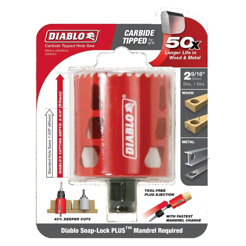 Diablo Carbide Teeth Hole Saw - 2-9/16" Diameter, 2-3/8" Length | Ideal for Wood and Metal - SnapLock Plus Mandrel System, Tool-Free Plug Ejection - DHS2563CT 2-9/16"