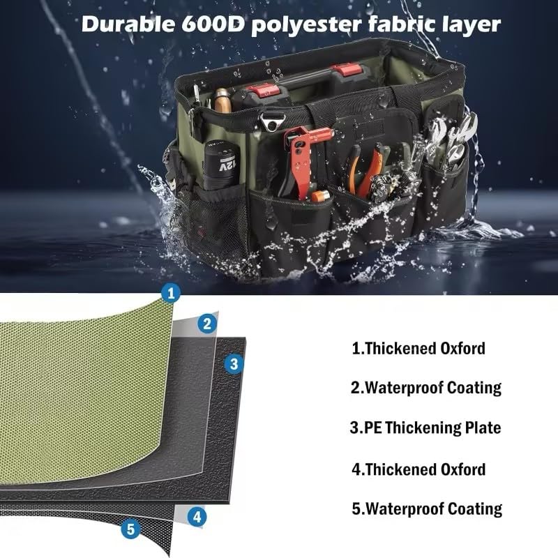16 Inch-Wide Mouth Tool Bag, Waterproof Tool Organizer Bag, Heavy Duty Tool Bag for Tool Storage, Carrier and Organizer, Adjustable Shoulder Strap, Inside Pockets (Olive Green) Olive Green 16 IN