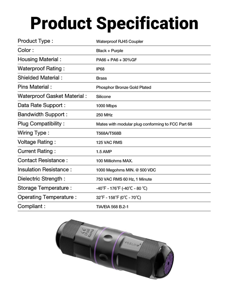 VCELINK Outdoor Waterproof RJ45 Coupler IP68 - Compact Design for Tight Spaces, Shielded Waterproof Ethernet Connector, Cat6/Cat5E/Cat5, PoE, 3.64in (Purple-6 Pack) 6