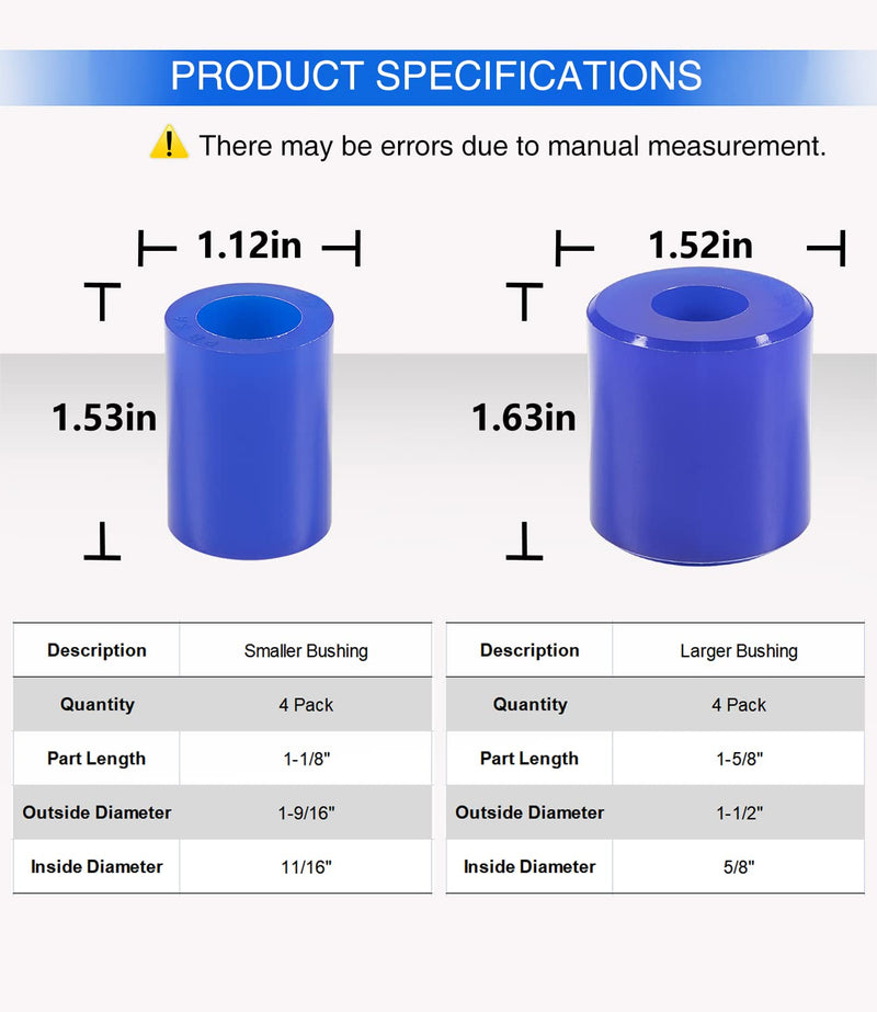 8 Pack Hood Roller Bushings for Peterbilt 357, 375, 379, Reference Part 13-04391, 13-03593, 377 with J Style Hinges, Polyurethane Hood Roller Bushing for Kenworth ATRO, Blue 1