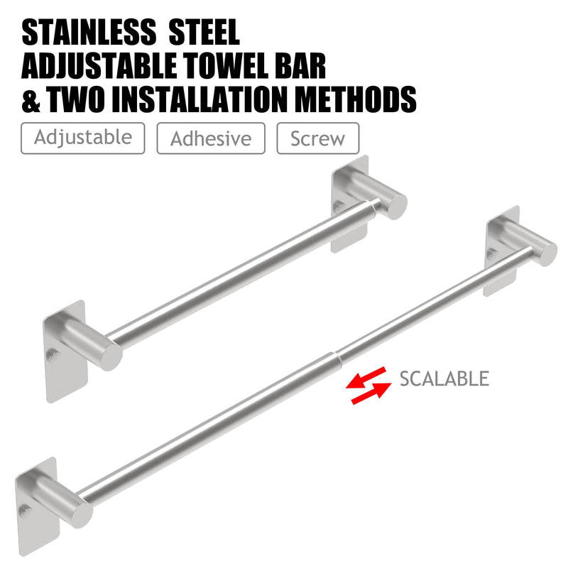 Towel Bar, 14inch to 25inch Adjustable Towel Holder Rod, Self Adhesive Wall Mounted Hand or Body Towel Rack for Bathroom Kitchen, Stainless Steel Organizer Single Bar (Brushed Nickel, 2 Pack) Standard Length–nickel