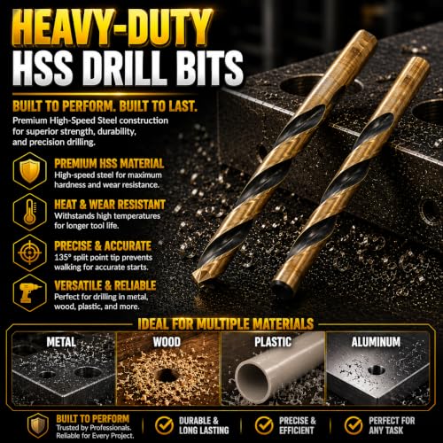 Stark USA 21-Piece HSS Drill Bit Set, Black & Gold High Speed Steel Drill Bits with 135° Split Point, Heavy Duty Industrial Twist Bits, 1/16"–1/2", Indexed Storage Case 21 PCS Set Heavy Duty